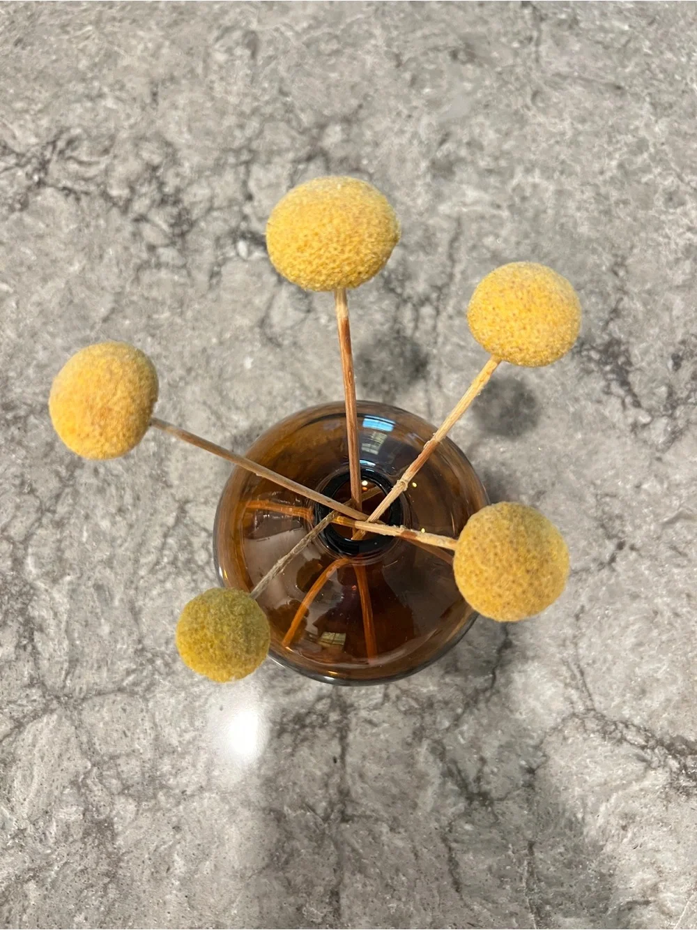 Mid Century Style Brown Glass Vase w. Billy Balls Dried Craspedia